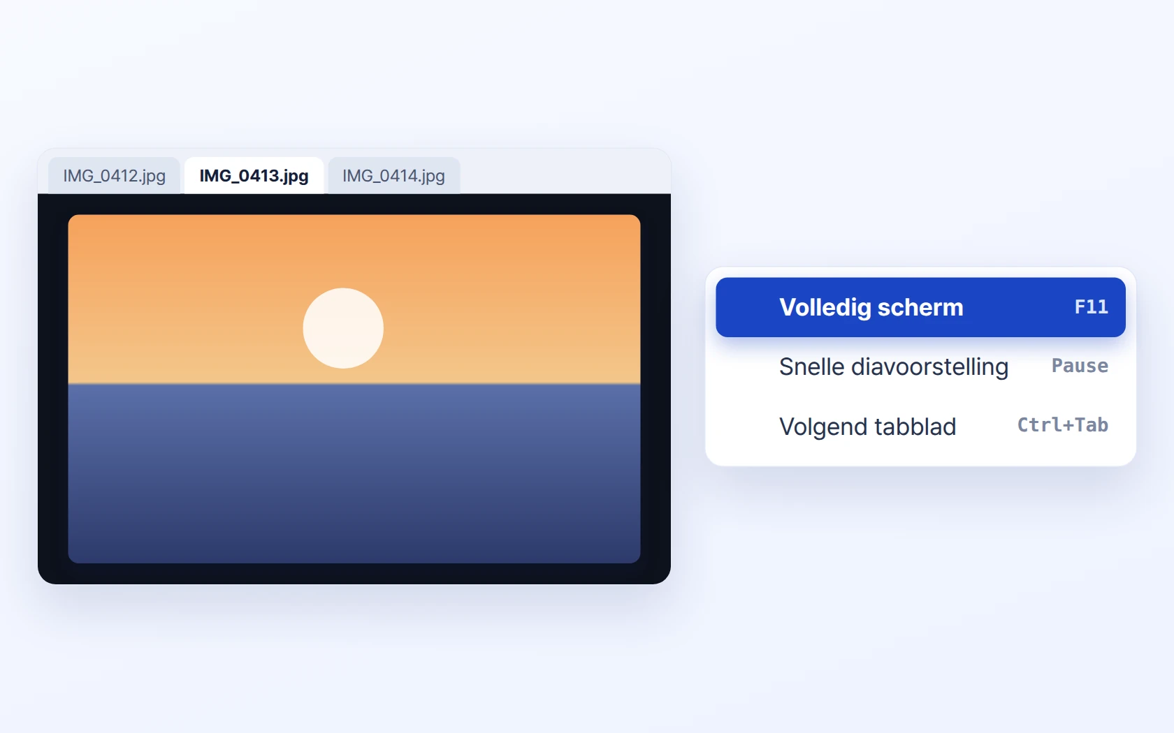 Volledig scherm · diavoorstelling · meerdere foto's in tabbladen