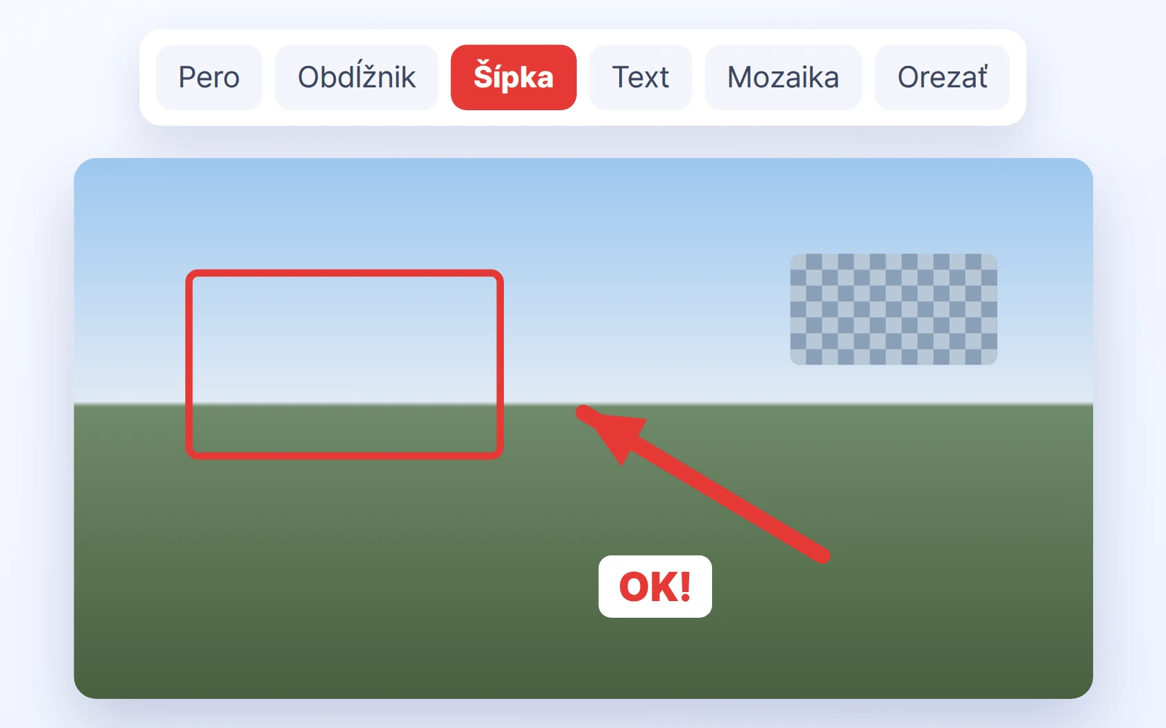 Pero, obdĺžnik, šípka, text, mozaika, orezanie, 8 tvarov a späť