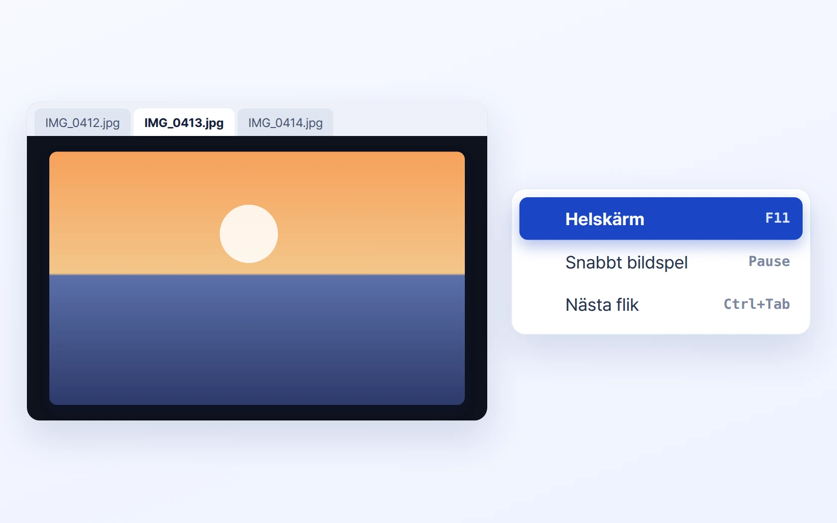 Helskärm · Bildspel · Öppna flera bilder i flikar