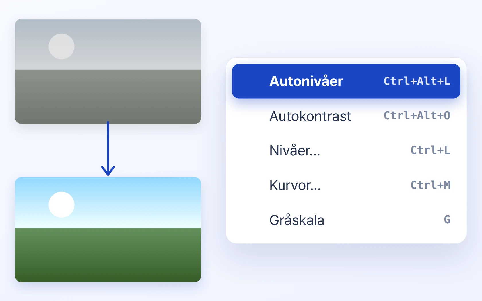 Automatisk nivå och kontrast · Gamma · Nivåer · Kurvor · Svartvitt · Ljusstyrka · Skärpa