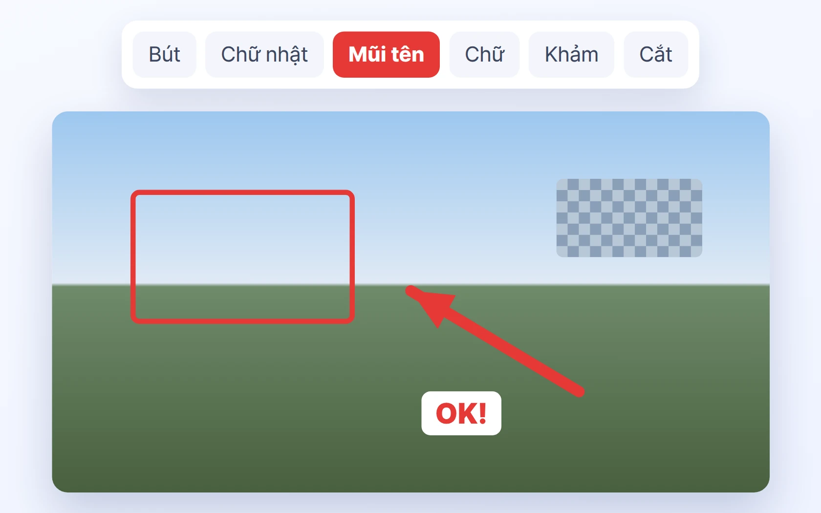 Bút · Hình chữ nhật · Mũi tên · Chữ · Làm mờ · Cắt, 8 loại hình và hoàn tác